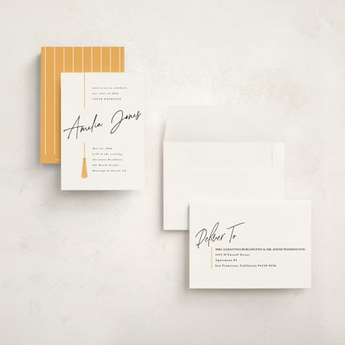 This is a sunshine graduation invitations with standard by Owl and Toad called written out printing on signature in petite