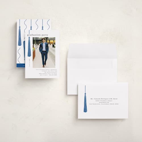 This is a cobalt graduation invitations with standard by Ashlee Townsend called tassled printing on signature in petite