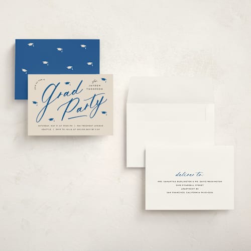 This is a azure graduation invitations with standard by Louise Kay called celebrate the grad printing on signature in petite