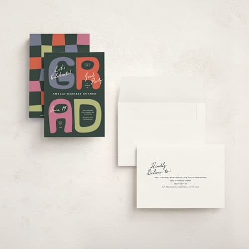This is a funky graduation invitations with standard by Pixel and Hank called chunk printing on signature in petite