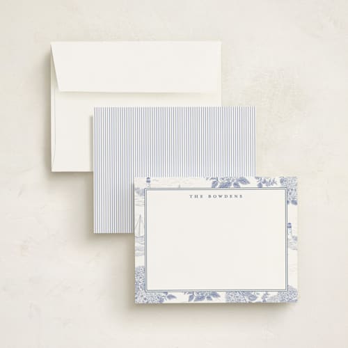This is a periwinkle personalized stationery thank you cards with standard by Jenna Holcomb called coastal toile printing on signature in 4.25x5.5