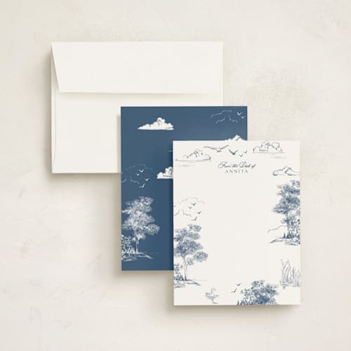 This is a lake personalized stationery thank you cards with standard by Lucrecia Caporale called lake side toile printing on signature in 4.25x5.5