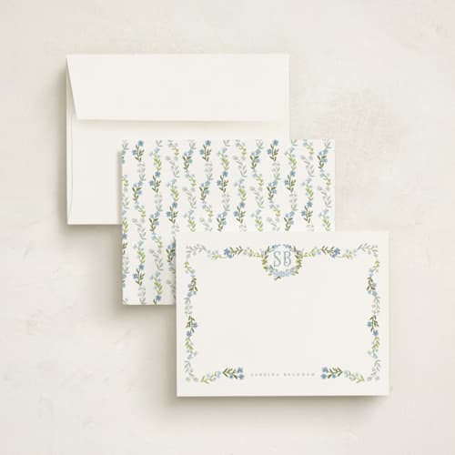 This is a periwinkle personalized stationery thank you cards with standard by Petra Kern called fiorellini printing on signature in 4.25x5.5