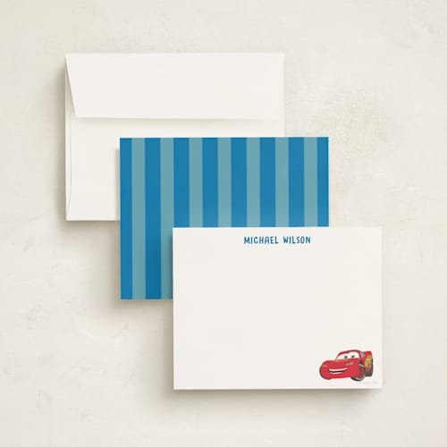 This is a pond personalized stationery thank you cards with standard by Creo Study called disney and pixar's race car wish printing on signature in 4.25x5.5