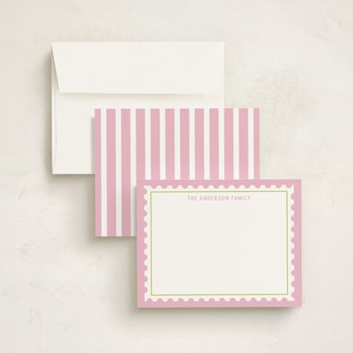 This is a peony personalized stationery thank you cards with standard by Ilene Guy called postage stamp printing on signature in 4.25x5.5