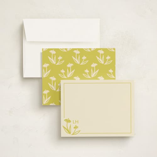 This is a citrine personalized stationery thank you cards with standard by Tracy Schifeling called hand-painted floral initials printing on signature in 4.25x5.5