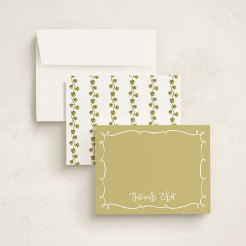 This is a chartreuse personalized stationery thank you cards with standard by Tamara Hilje called vine printing on signature in 4.25x5.5