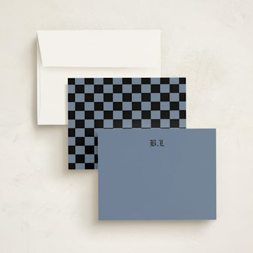 This is a slate personalized stationery thank you cards with standard by Helena Vitto called blackletter printing on signature in 4.25x5.5