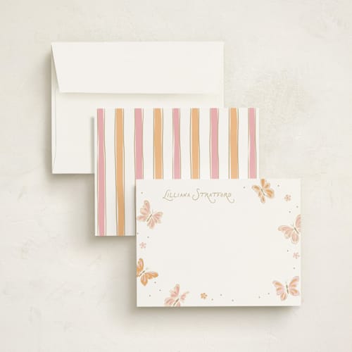 This is a flutter personalized stationery thank you cards with standard by Erin German called butterflies printing on signature in 4.25x5.5