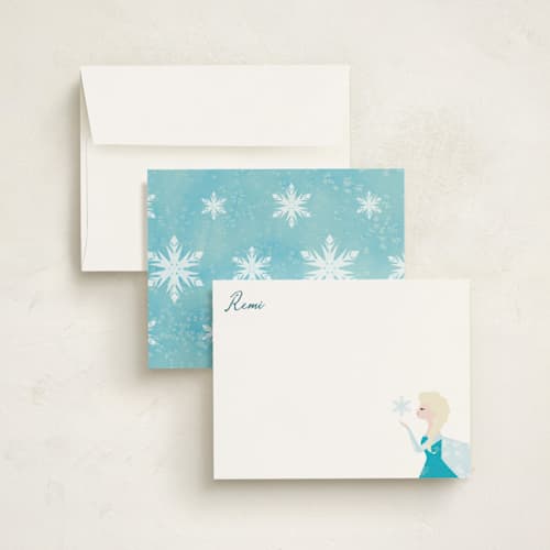 This is a frost personalized stationery thank you cards with standard by Holly Whitcomb called elsa's snowflakes printing on signature in 4.25x5.5