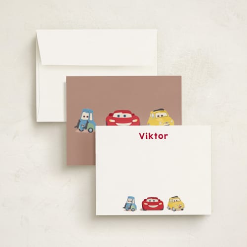 This is a cloud personalized stationery thank you cards with standard by tinaleeart called disney and pixar's lightning mcqueen and friends printing on signature in 4.25x5.5