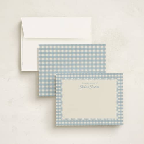 This is a pond personalized stationery thank you cards with standard by Brianne Larsen called scalloped gingham printing on signature in 4.25x5.5