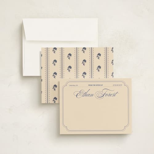 This is a cream personalized stationery thank you cards with standard by Abby Fabrizio called from the office vintage printing on signature in 4.25x5.5
