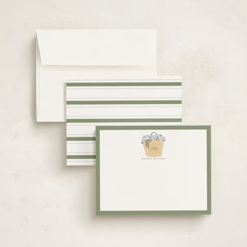 This is a sage green personalized stationery thank you cards with standard by Madhvi Samimi called hydrangea tote printing on signature in 4.25x5.5