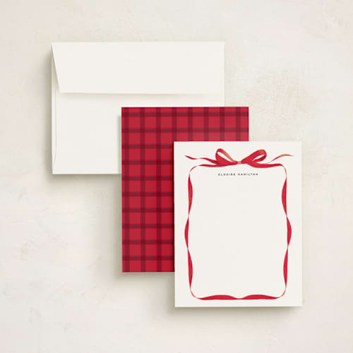 This is a crimson personalized stationery thank you cards with standard by Olivia Kanaley Inman called bow printing on signature in 4.25x5.5