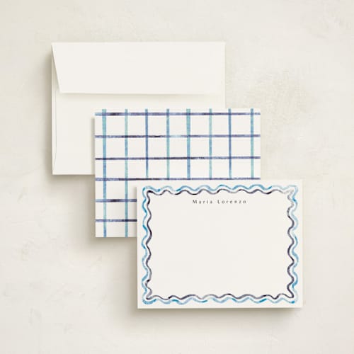 This is a ocean personalized stationery thank you cards with standard by Cass Loh called watercolor wavy border printing on signature in 4.25x5.5