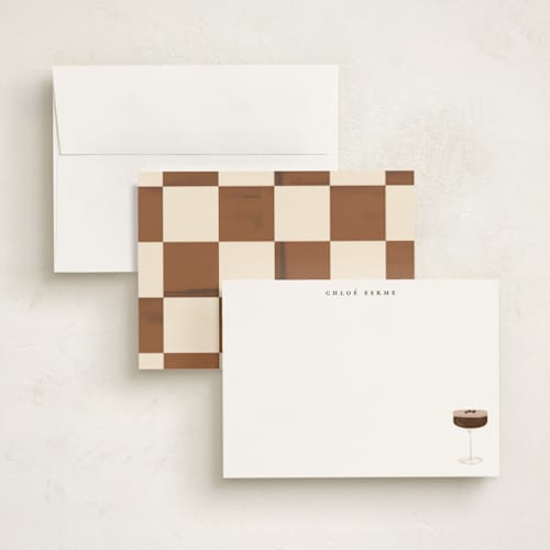 This is a chocolate personalized stationery thank you cards with standard by Baumbirdy called espresso martini printing on signature in 5x7