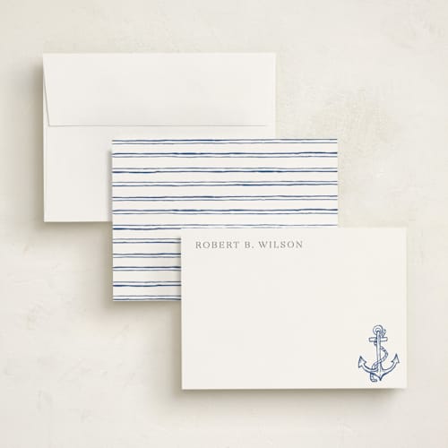 This is a navy personalized stationery thank you cards with standard by Cass Loh called anchor printing on signature in 5x7