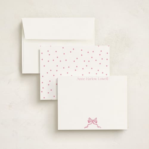 This is a blush personalized stationery thank you cards with standard by Pink House Press called bow printing on signature in 5x7