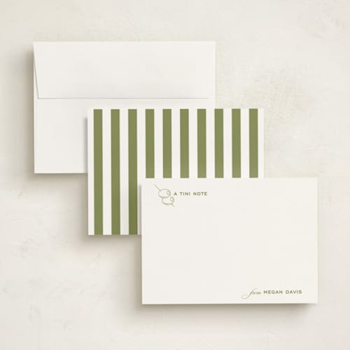 This is a olive personalized stationery thank you cards with standard by Megan Davis called dirty martini printing on signature in 5x7