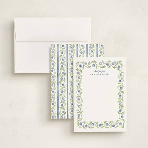 This is a cornflower personalized stationery thank you cards with standard by Sarah Knight called camilla printing on signature in 5x7