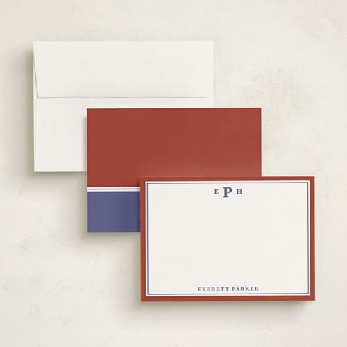 This is a maroon personalized stationery thank you cards with standard by Kat Roberts called a perfect gentleman printing on signature in 5x7