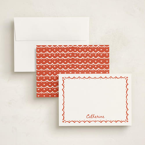 This is a coral personalized stationery thank you cards with standard by Becky Nimoy called inked scallops printing on signature in 5x7