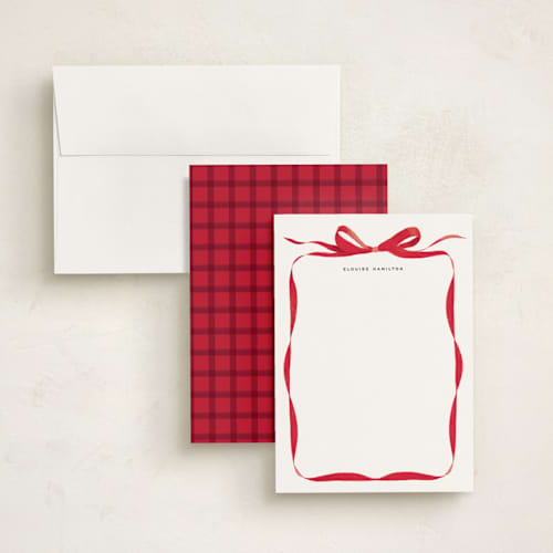 This is a crimson personalized stationery thank you cards with standard by Olivia Kanaley Inman called bow printing on signature in 5x7