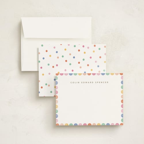 This is a rainbow personalized stationery thank you cards with standard by Creo Study called rainbow dots printing on signature in 5x7