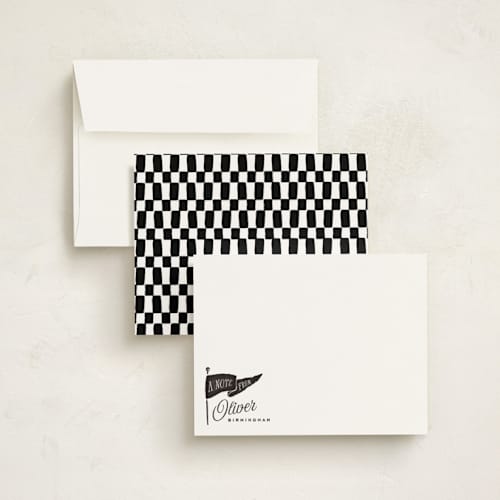This is a licorice personalized stationery thank you cards with standard by Oscar and Emma - Karly Depew called vintage pennant printing on signature in 5x7