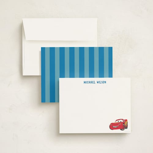 This is a pond personalized stationery thank you cards with standard by Creo Study called disney and pixar's race car wish printing on signature in 5x7