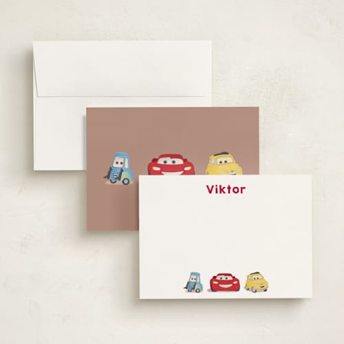 This is a cloud personalized stationery thank you cards with standard by tinaleeart called disney and pixar's lightning mcqueen and friends printing on signature in 5x7