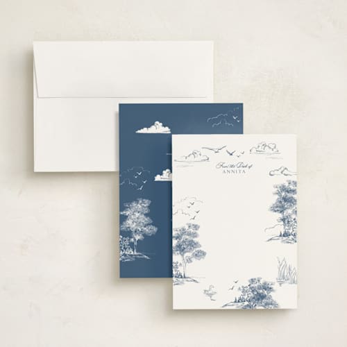 This is a lake personalized stationery thank you cards with standard by Lucrecia Caporale called lake side toile printing on signature in 5x7