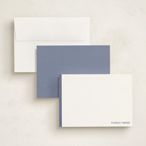 This is a navy personalized stationery thank you cards with standard by Seth Caskey called herringbone printing on signature in 5x7