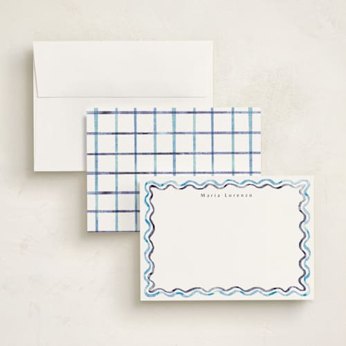 This is a ocean personalized stationery thank you cards with standard by Cass Loh called watercolor wavy border printing on signature in 5x7