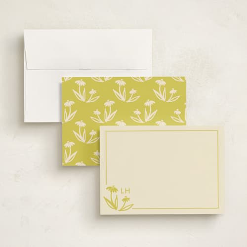 This is a citrine personalized stationery thank you cards with standard by Tracy Schifeling called hand-painted floral initials printing on signature in 5x7