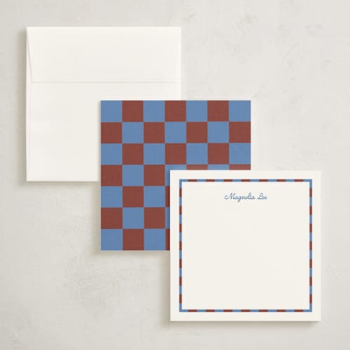 This is a maroon personalized stationery thank you cards with standard by Carrie Moradi called thin checked printing on signature in 5x7