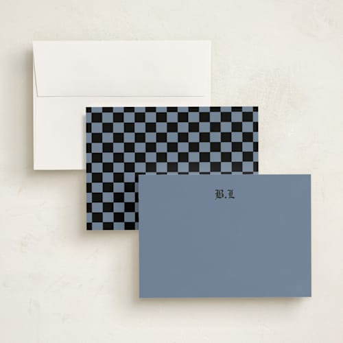 This is a slate personalized stationery thank you cards with standard by Helena Vitto called blackletter printing on signature in 5x7