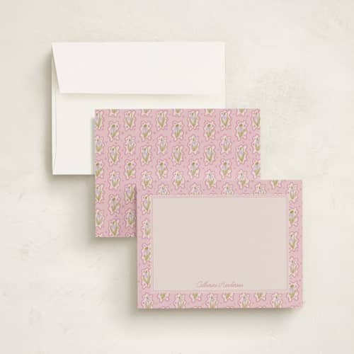 This is a peony personalized stationery thank you cards with standard by Ashton Womack called snowdrop border printing on signature in 5x7