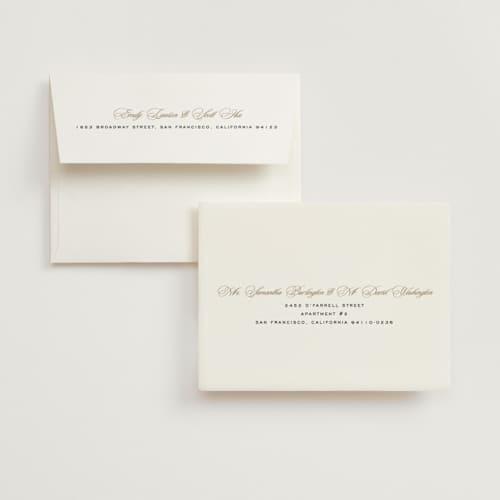 This is a snow wedding thank you cards with foil pressed by Stacy Maalouf called bridal shower script printing on strathmore in standard