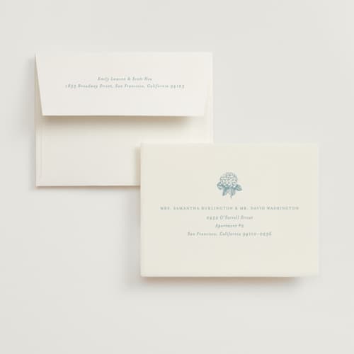 This is a seaside wedding thank you cards with foil pressed by Stacey Meacham called hydrangea bloom printing on strathmore in standard