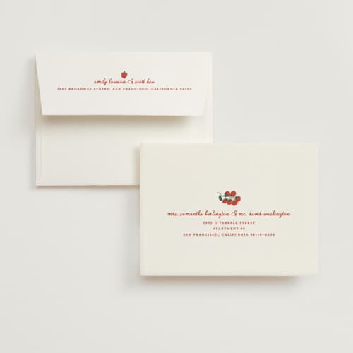 This is a tomato bridal shower thank you cards with standard by Kelly Watkins called gingham garden printing on strathmore in standard