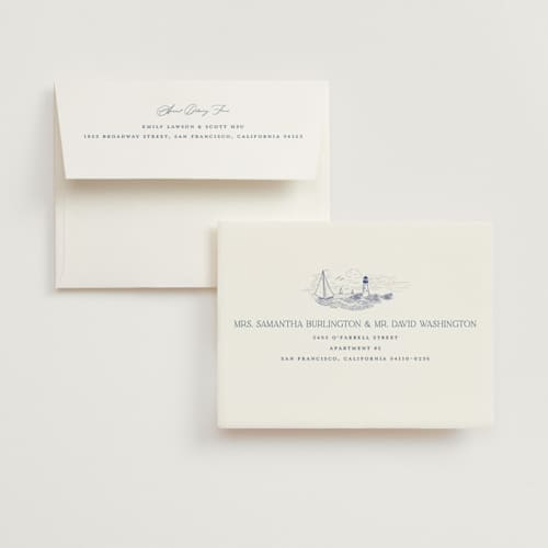 This is a periwinkle bridal shower thank you cards with standard by Jenna Holcomb called coastal toile printing on strathmore in standard