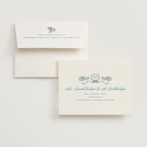 This is a peony bridal shower thank you cards with standard by Erin German called floral frame crest printing on strathmore in standard