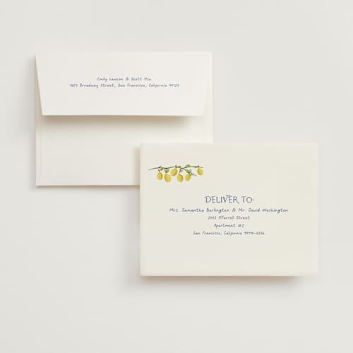 This is a capri bridal shower thank you cards with standard by Tina Faselli called limoncello printing on strathmore in standard