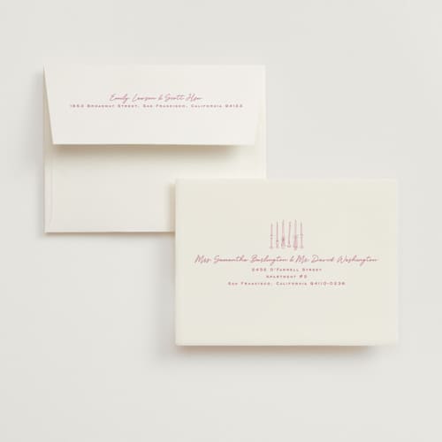 This is a bubblegum bridal shower thank you cards with standard by Ellen Schlegelmilch called candlesticks printing on strathmore in standard