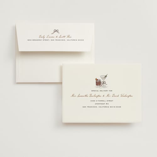 This is a olive bridal shower thank you cards with standard by Erin German called stock the barware printing on strathmore in standard