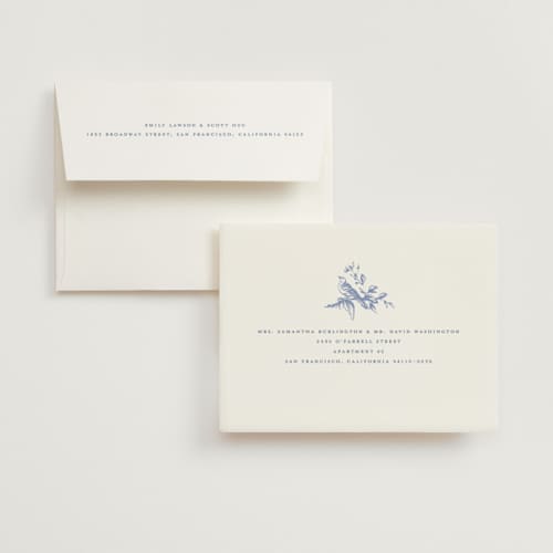 This is a blueberry bridal shower thank you cards with standard by Teju Reval called dreamy toile printing on strathmore in standard