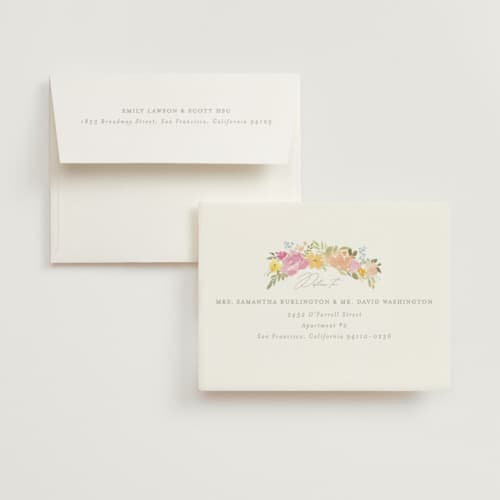 This is a peony bridal shower thank you cards with standard by Creo Study called blooming arch printing on strathmore in standard