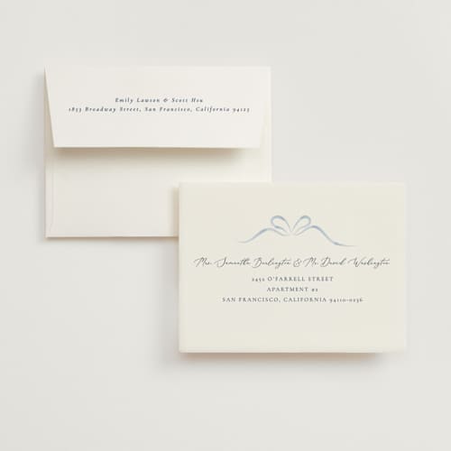 This is a dusty blue bridal shower thank you cards with standard by Corinne Malesic called bow printing on strathmore in standard